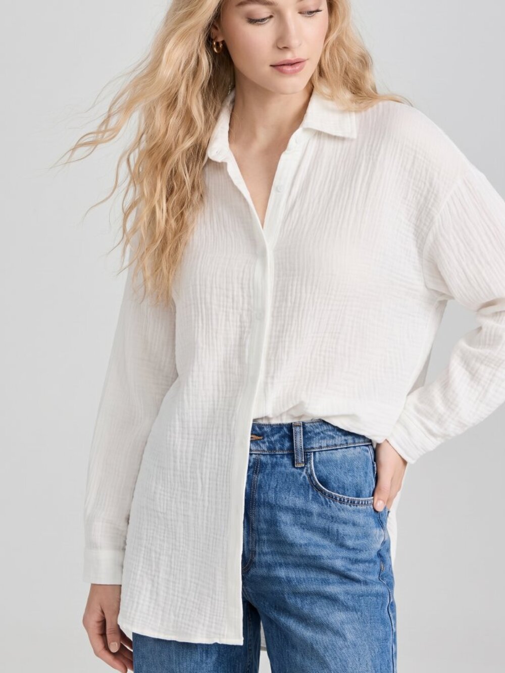 Women White Cotton Lightweight Button Down Shirt Casual Oversized Blouse